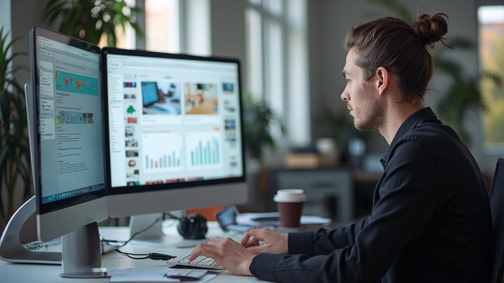 WordPress-Entwicklungsworkspace mit Code-Editor und Designtools auf mehreren Monitoren