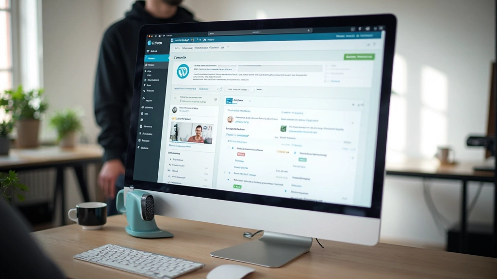 WordPress-CMS-Dashboard mit verschiedenen Content-Typen, Kategorien und Medienbibliothek auf dem Monitor